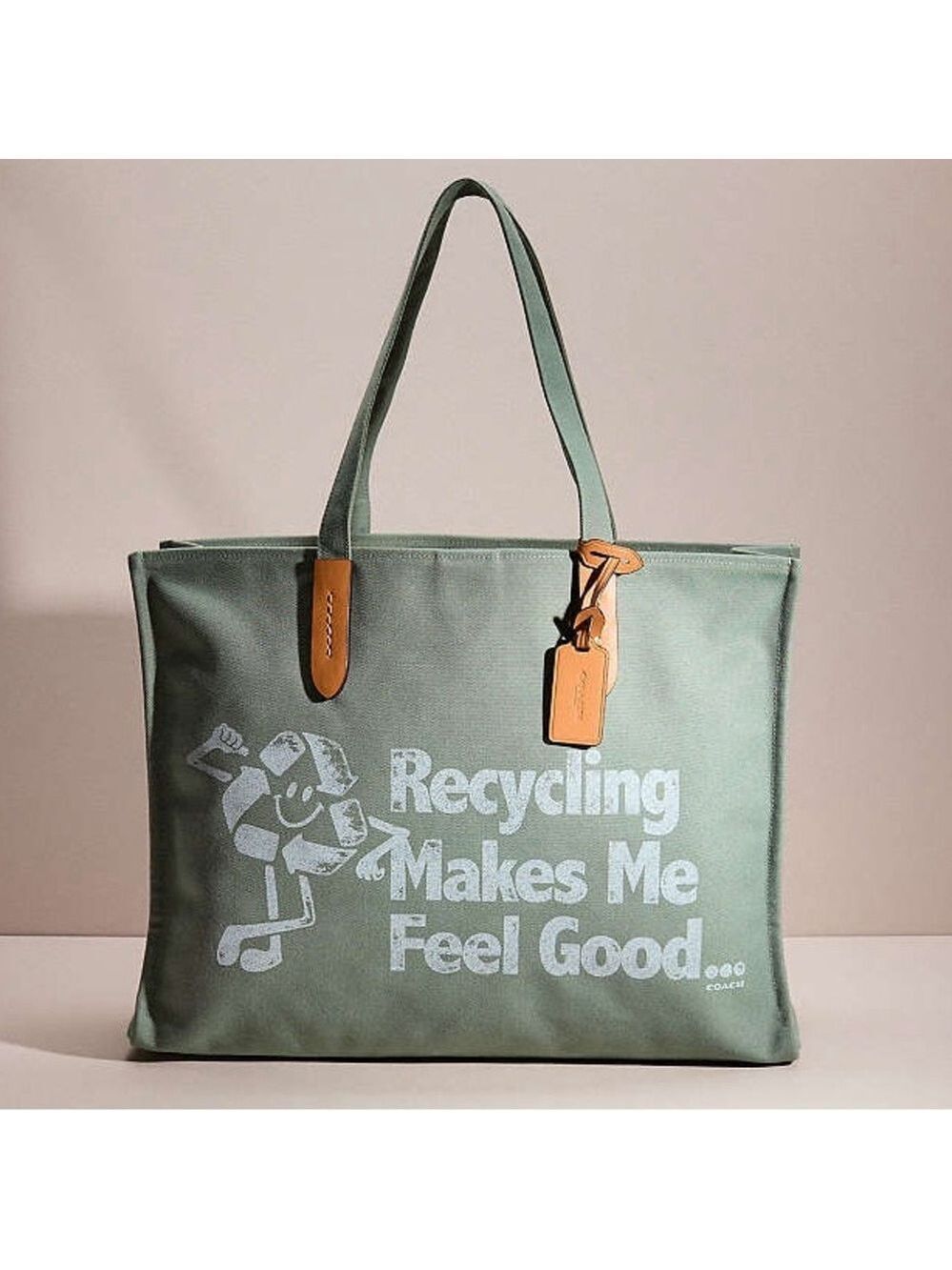 Coach Tote 42 Recycling Makes Me Feel Good Large Canvas Tote Brass/Iceberg Green